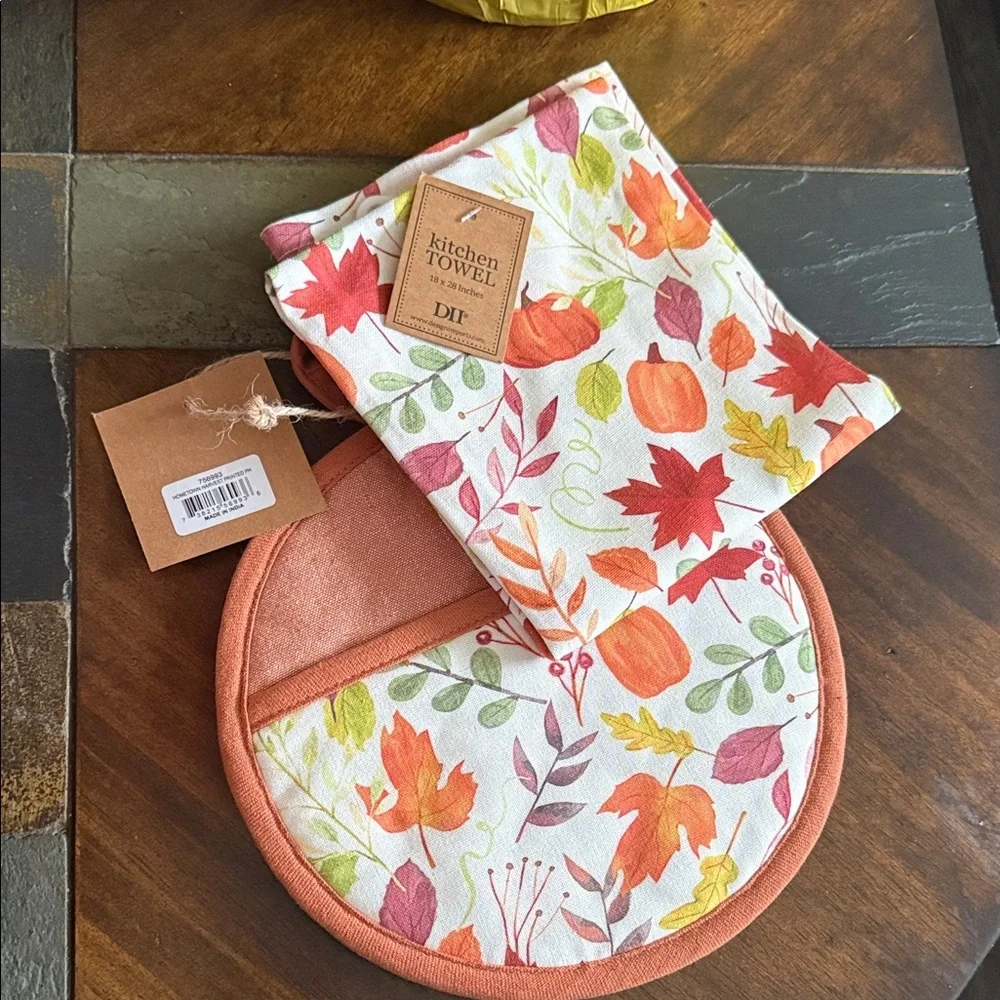 Autumn Harvest Kitchen Towel and Pot Holder Set - Orange and Multicolor